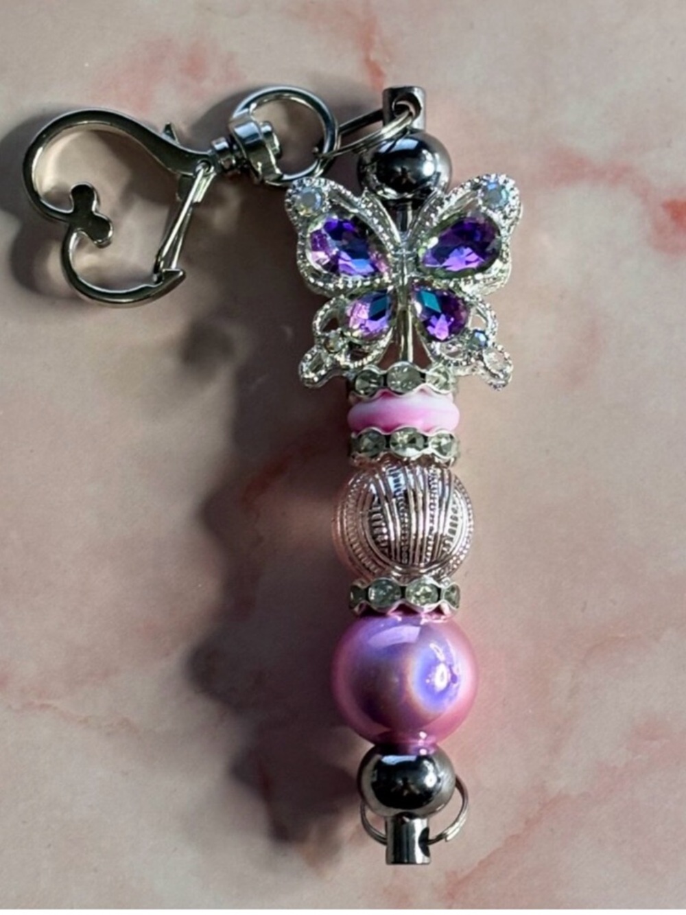 Butterfly Crystal Pink and Purple Bead Purse Charm